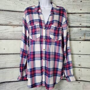 Tinsel Women’s Large Pink Blue Plaid Long Sleeve Button Down Shirt 100% Rayon